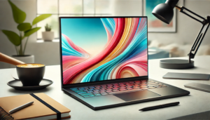 laptop na biurku z kolorową tapetą